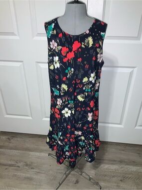 (Bin 20) Tommy Hilfiger, Navy Floral Short-Sleeve Dress with Red & Teal, Size 12